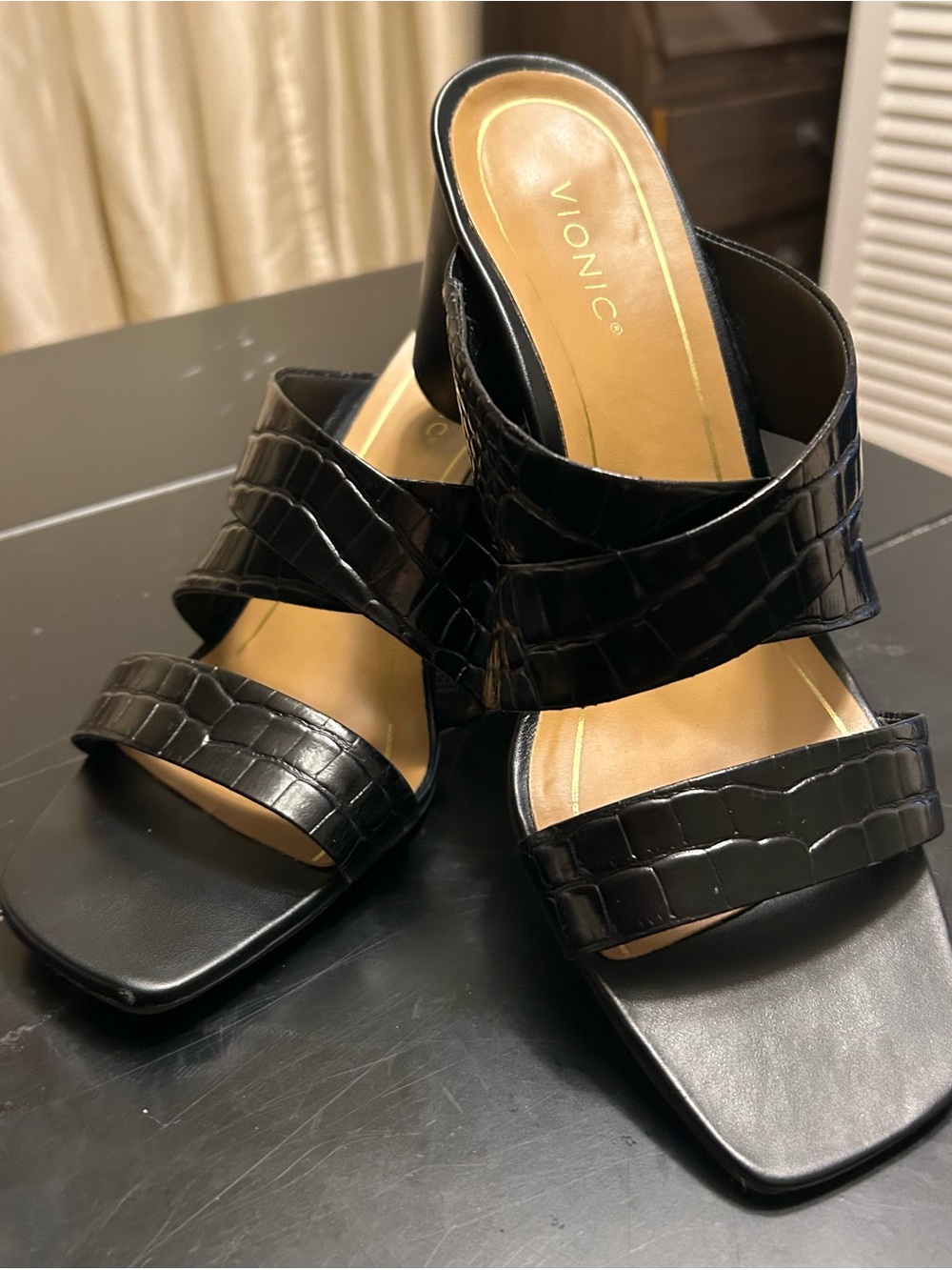 Vionic Black Croc-Embossed Double-Strap “Merlot” Mule Sandals